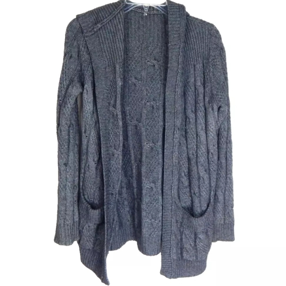 360 Cashmere Open Front Hooded Cable Cardigan
